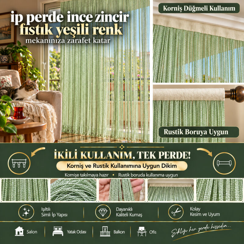 İP PERDE ÖZEL SERİ İNCE ZİNCİR FISTIK YEŞİLİ RENK (KORNİŞ+RUSTİK) EN 100 CM BOY 300 CM - 1