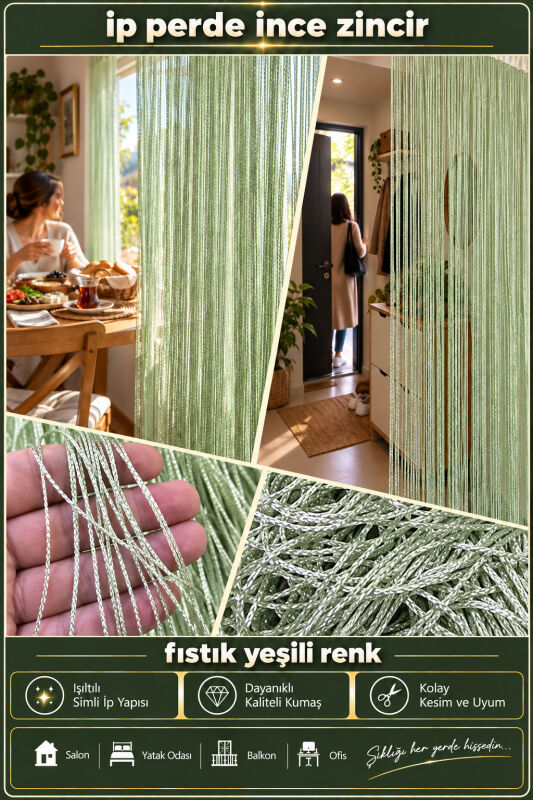 İP PERDE ÖZEL SERİ İNCE ZİNCİR FISTIK YEŞİLİ RENK (KORNİŞ+RUSTİK) EN 100 CM BOY 300 CM - 2