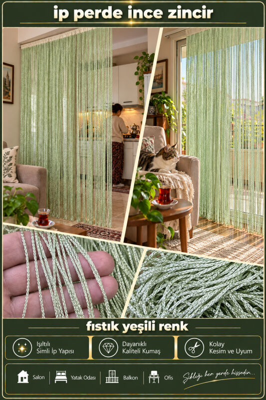 İP PERDE ÖZEL SERİ İNCE ZİNCİR FISTIK YEŞİLİ RENK (KORNİŞ+RUSTİK) EN 100 CM BOY 300 CM - 3