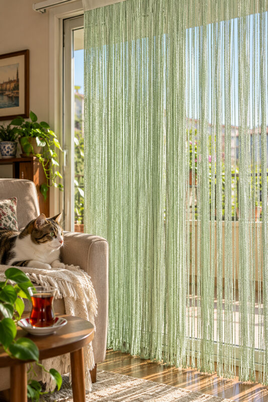 İP PERDE ÖZEL SERİ İNCE ZİNCİR FISTIK YEŞİLİ RENK (KORNİŞ+RUSTİK) EN 100 CM BOY 300 CM - 7