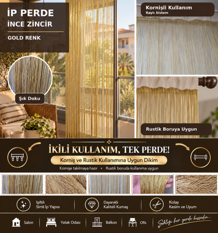 İP PERDE ÖZEL SERİ İNCE ZİNCİR GOLD RENK (100 EN 300 BOY) KORNİŞ VE RUSTİK KULLANIMLI - 1