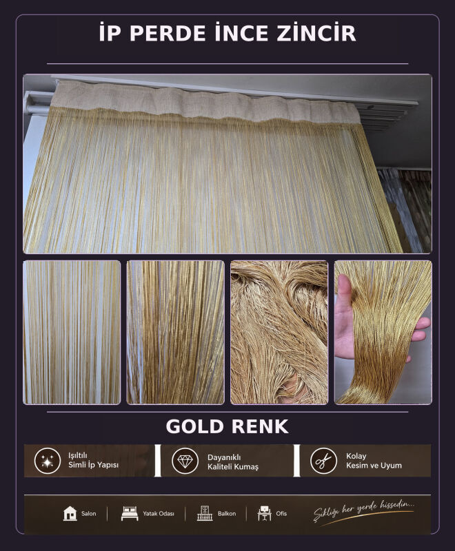 İP PERDE ÖZEL SERİ İNCE ZİNCİR GOLD RENK (100 EN 300 BOY) KORNİŞ VE RUSTİK KULLANIMLI - 2