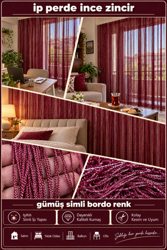 İP PERDE ÖZEL SERİ İNCE ZİNCİR GÜMÜŞ SİMLİ BORDO RENK (KORNİŞ+RUSTİK) EN 100 CM BOY 300 CM - 2