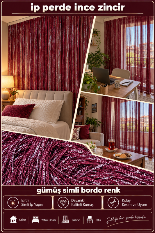 İP PERDE ÖZEL SERİ İNCE ZİNCİR GÜMÜŞ SİMLİ BORDO RENK (KORNİŞ+RUSTİK) EN 100 CM BOY 300 CM - 3