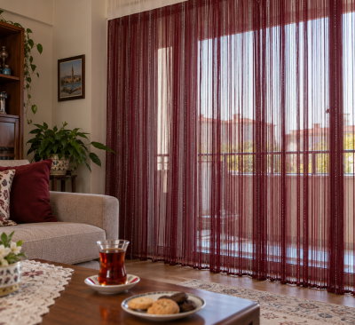İP PERDE ÖZEL SERİ İNCE ZİNCİR GÜMÜŞ SİMLİ BORDO RENK (KORNİŞ+RUSTİK) EN 100 CM BOY 300 CM - 4
