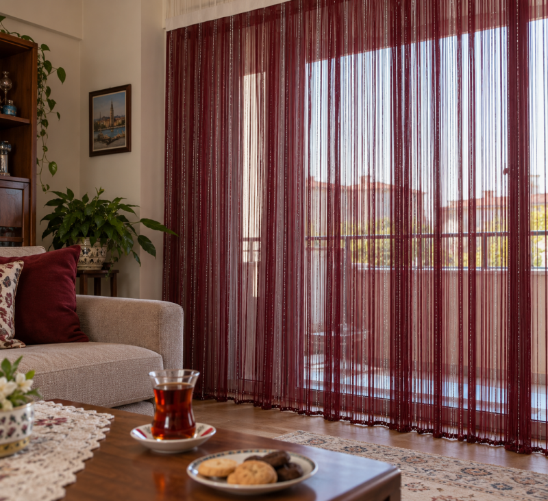 İP PERDE ÖZEL SERİ İNCE ZİNCİR GÜMÜŞ SİMLİ BORDO RENK (KORNİŞ+RUSTİK) EN 100 CM BOY 300 CM - 4