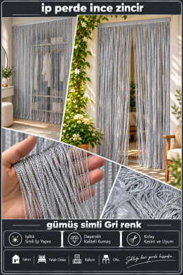 İP PERDE ÖZEL SERİ İNCE ZİNCİR GÜMÜŞ SİMLİ GRİ RENK (KORNİŞ+RUSTİK) EN 100 CM BOY 300 CM - 2