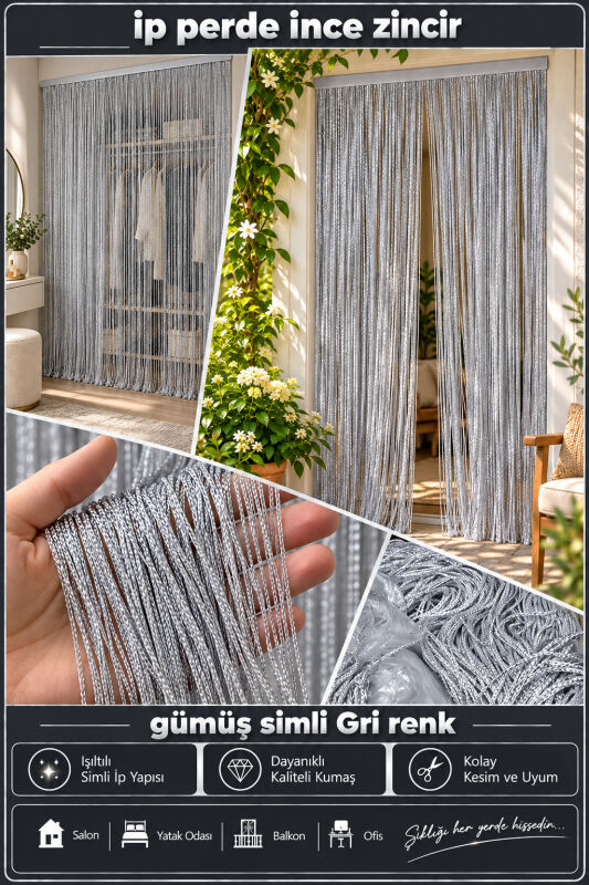 İP PERDE ÖZEL SERİ İNCE ZİNCİR GÜMÜŞ SİMLİ GRİ RENK (KORNİŞ+RUSTİK) EN 100 CM BOY 300 CM - 2