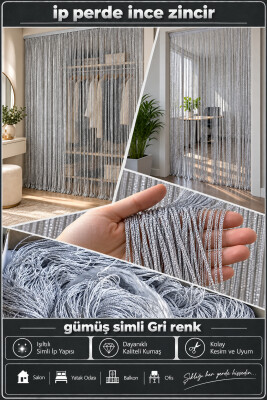 İP PERDE ÖZEL SERİ İNCE ZİNCİR GÜMÜŞ SİMLİ GRİ RENK (KORNİŞ+RUSTİK) EN 100 CM BOY 300 CM - 3