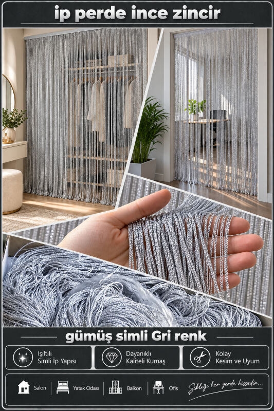 İP PERDE ÖZEL SERİ İNCE ZİNCİR GÜMÜŞ SİMLİ GRİ RENK (KORNİŞ+RUSTİK) EN 100 CM BOY 300 CM - 3