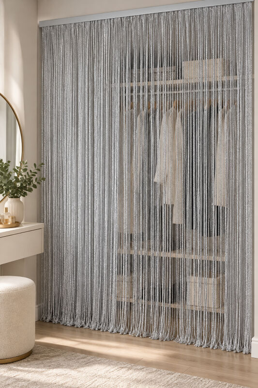 İP PERDE ÖZEL SERİ İNCE ZİNCİR GÜMÜŞ SİMLİ GRİ RENK (KORNİŞ+RUSTİK) EN 100 CM BOY 300 CM - 4