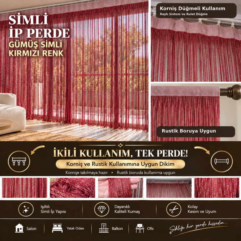 İP PERDE ÖZEL SERİ İNCE ZİNCİR GÜMÜŞ SİMLİ KIRMIZI RENK (100 * 300) KORNİŞ VE RUSTİK - 1