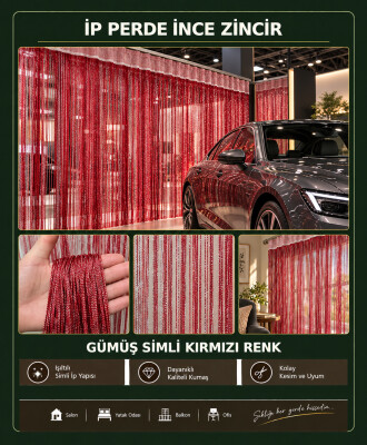 İP PERDE ÖZEL SERİ İNCE ZİNCİR GÜMÜŞ SİMLİ KIRMIZI RENK (100 * 300) KORNİŞ VE RUSTİK - 2