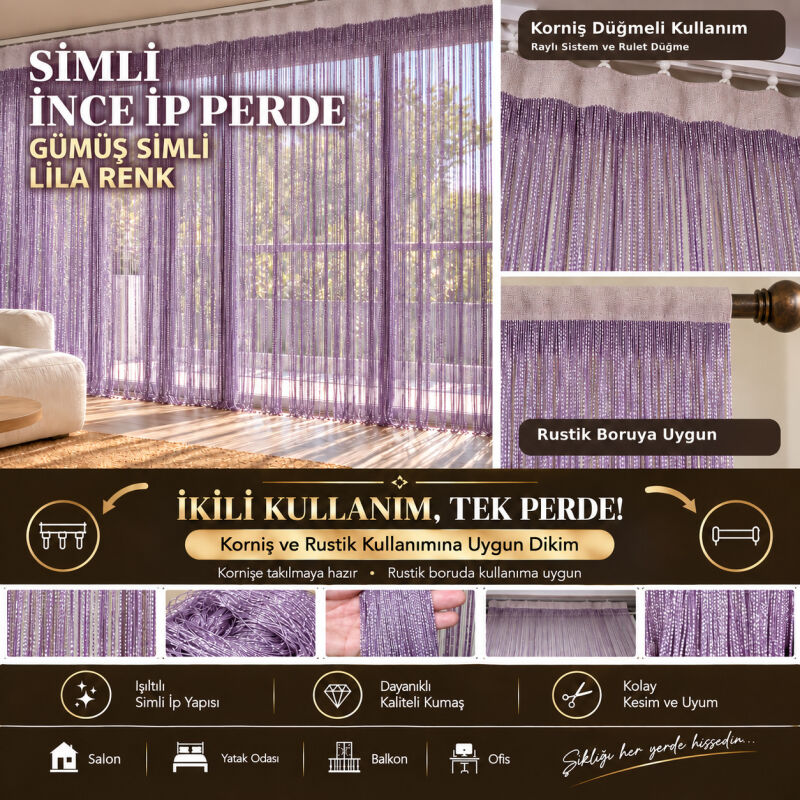 İP PERDE ÖZEL SERİ İNCE ZİNCİR GÜMÜŞ SİMLİ LİLA RENK (100 * 300) KORNİŞ VE RUSTİK KULLANIM - 1