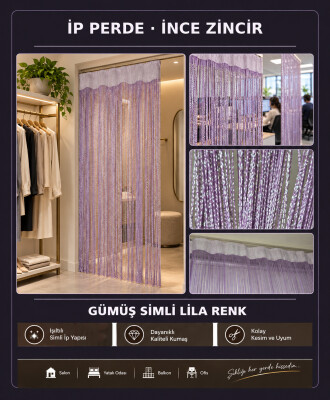 İP PERDE ÖZEL SERİ İNCE ZİNCİR GÜMÜŞ SİMLİ LİLA RENK (100 * 300) KORNİŞ VE RUSTİK KULLANIM - 2
