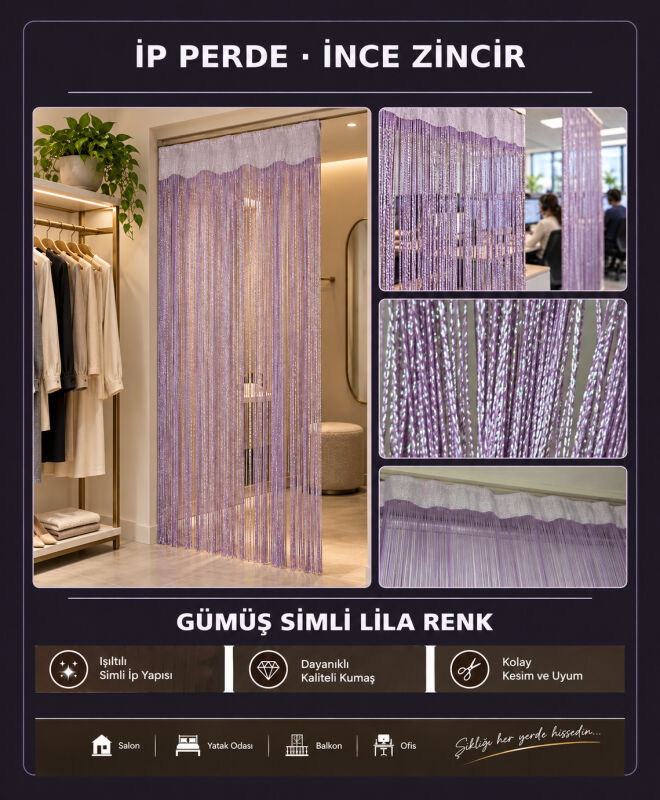 İP PERDE ÖZEL SERİ İNCE ZİNCİR GÜMÜŞ SİMLİ LİLA RENK (100 * 300) KORNİŞ VE RUSTİK KULLANIM - 2