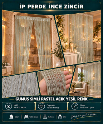 İP PERDE ÖZEL SERİ İNCE ZİNCİR GÜMÜŞ SİMLİ PASTEL AÇIK YEŞİL RENK (100 * 300) KORNİŞ VE RUSTİK KULLANIM - 3