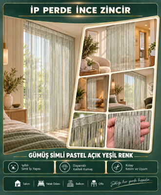 İP PERDE ÖZEL SERİ İNCE ZİNCİR GÜMÜŞ SİMLİ PASTEL AÇIK YEŞİL RENK (100 * 300) KORNİŞ VE RUSTİK KULLANIM - 4