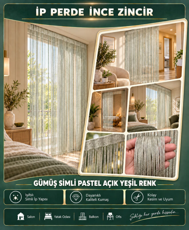İP PERDE ÖZEL SERİ İNCE ZİNCİR GÜMÜŞ SİMLİ PASTEL AÇIK YEŞİL RENK (100 * 300) KORNİŞ VE RUSTİK KULLANIM - 4