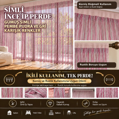 İP PERDE ÖZEL SERİ İNCE ZİNCİR GÜMÜŞ SİMLİ PEMBE-PUDRA-GRİ KARIŞIK RENKLER (100 * 300)&(K+R) - AKÇA TEKSTİL