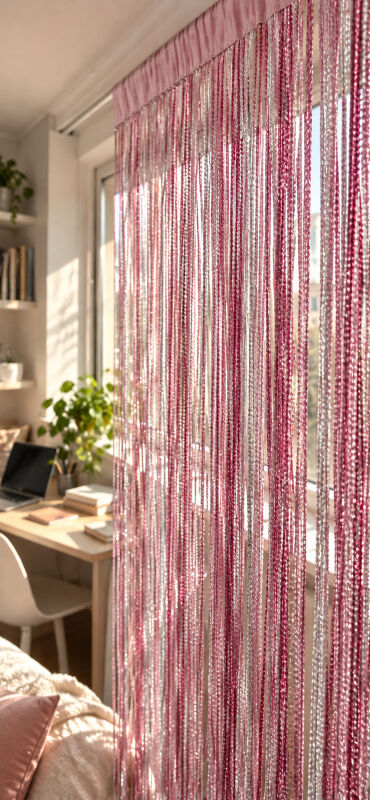 İP PERDE ÖZEL SERİ İNCE ZİNCİR GÜMÜŞ SİMLİ PEMBE-PUDRA-GRİ KARIŞIK RENKLER (100 * 300)&(K+R) - 6