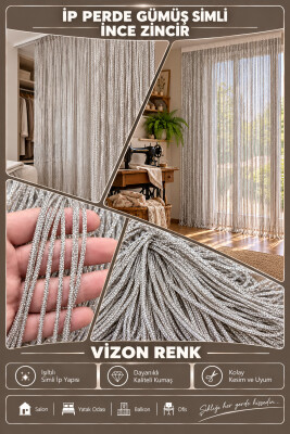 İP PERDE ÖZEL SERİ İNCE ZİNCİR GÜMÜŞ SİMLİ VİZON RENK (100 * 300) KORNİŞ VE RUSTİK KULLANIM - 2