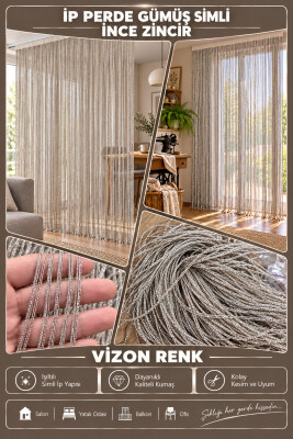 İP PERDE ÖZEL SERİ İNCE ZİNCİR GÜMÜŞ SİMLİ VİZON RENK (100 * 300) KORNİŞ VE RUSTİK KULLANIM - 3