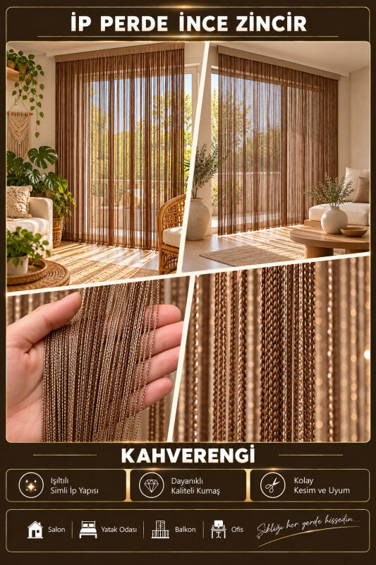 İP PERDE ÖZEL SERİ İNCE ZİNCİR KAHVERENGİ (100 EN 300 BOY) KORNİŞ VE RUSTİK KULLANIMLI - 2