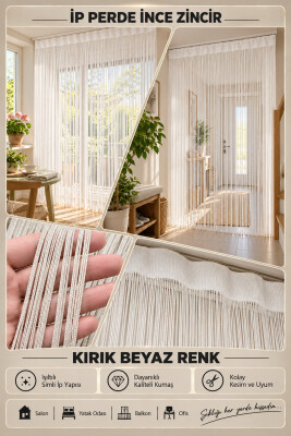İP PERDE ÖZEL SERİ İNCE ZİNCİR KIRIK BEYAZ RENK (100 * 300) KORNİŞ VE RUSTİK KULLANILABİLİR - 2