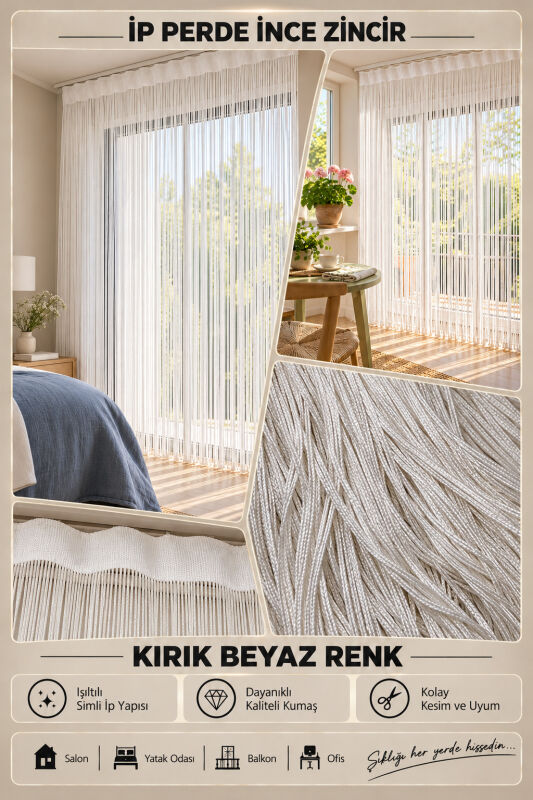 İP PERDE ÖZEL SERİ İNCE ZİNCİR KIRIK BEYAZ RENK (100 * 300) KORNİŞ VE RUSTİK KULLANILABİLİR - 3