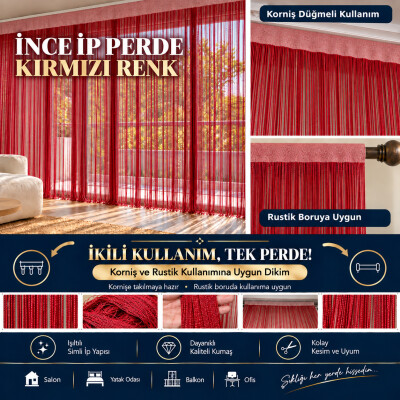 İP PERDE ÖZEL SERİ İNCE ZİNCİR KIRMIZI EN 100 CM BOY 300 CM KORNİŞ VE RUSTİK KULLANIMLI - AKÇA TEKSTİL
