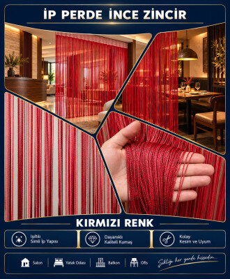 İP PERDE ÖZEL SERİ İNCE ZİNCİR KIRMIZI EN 100 CM BOY 300 CM KORNİŞ VE RUSTİK KULLANIMLI - 2