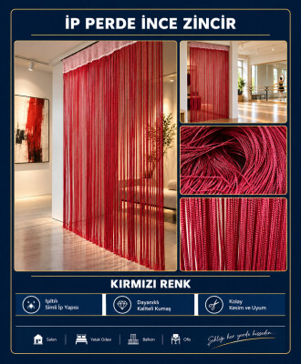 İP PERDE ÖZEL SERİ İNCE ZİNCİR KIRMIZI EN 100 CM BOY 300 CM KORNİŞ VE RUSTİK KULLANIMLI - 3