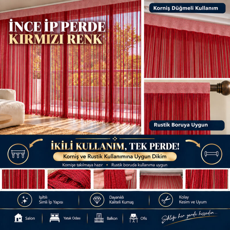 İP PERDE ÖZEL SERİ İNCE ZİNCİR KIRMIZI RENK (100 EN 300 BOY) KORNİŞ VE RUSTİK KULLANIMLI - 1