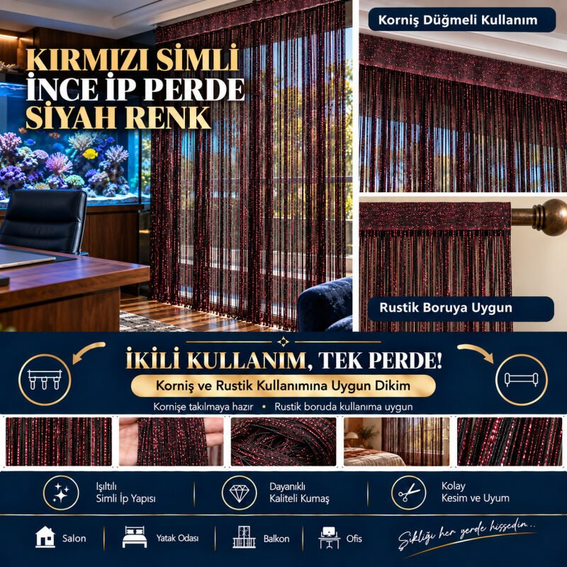 İP PERDE ÖZEL SERİ İNCE ZİNCİR KIRMIZI SİMLİ SİYAH RENK (KORNİŞ & RUSTİK) EN 100 CM BOY 300 CM - 1