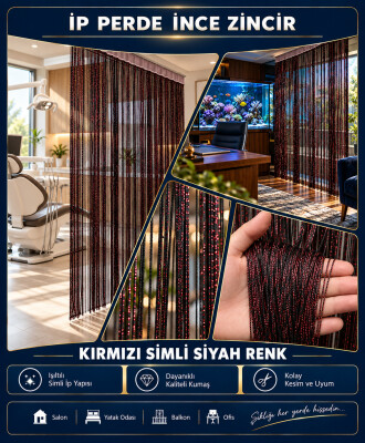 İP PERDE ÖZEL SERİ İNCE ZİNCİR KIRMIZI SİMLİ SİYAH RENK (KORNİŞ & RUSTİK) EN 100 CM BOY 300 CM - 2