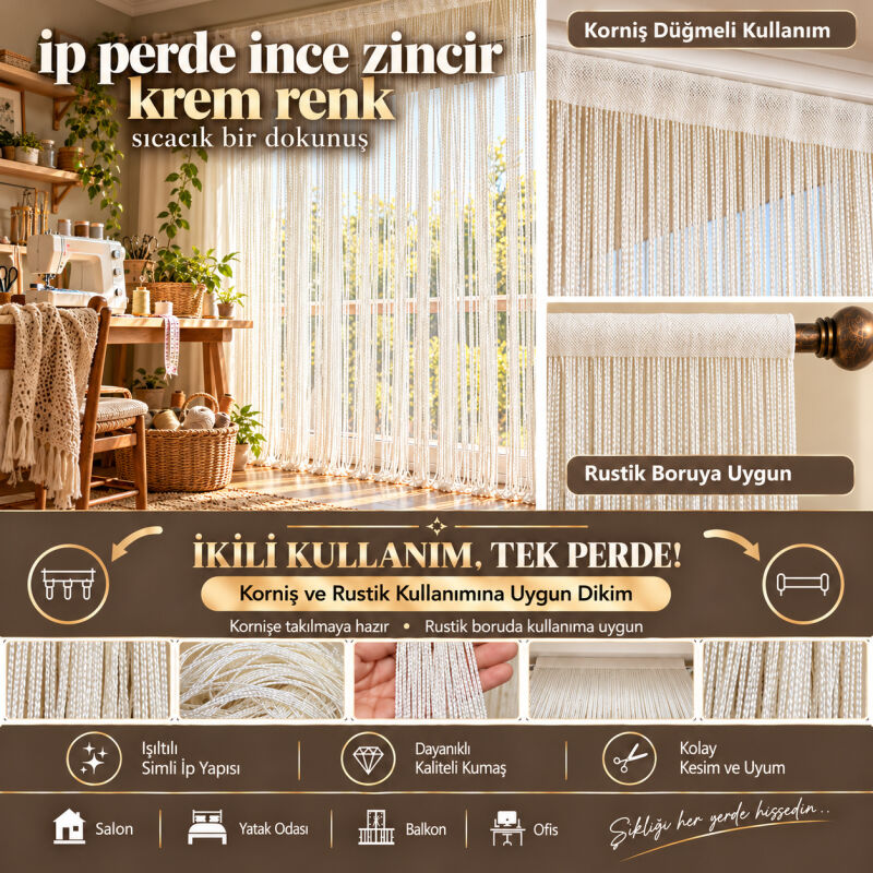 İP PERDE ÖZEL SERİ İNCE ZİNCİR KREM RENK EN 100 CM BOY 300 CM KORNİŞ VE RUSTİK KULLANIM - 1