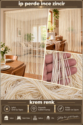 İP PERDE ÖZEL SERİ İNCE ZİNCİR KREM RENK EN 100 CM BOY 300 CM KORNİŞ VE RUSTİK KULLANIM - 2