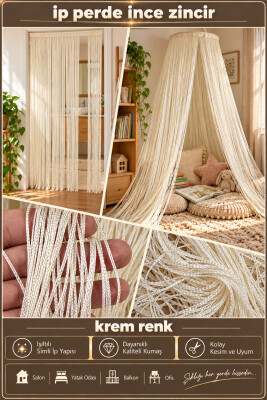 İP PERDE ÖZEL SERİ İNCE ZİNCİR KREM RENK EN 100 CM BOY 300 CM KORNİŞ VE RUSTİK KULLANIM - 3