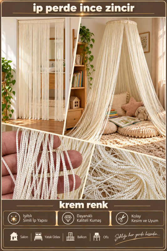 İP PERDE ÖZEL SERİ İNCE ZİNCİR KREM RENK EN 100 CM BOY 300 CM KORNİŞ VE RUSTİK KULLANIM - 3