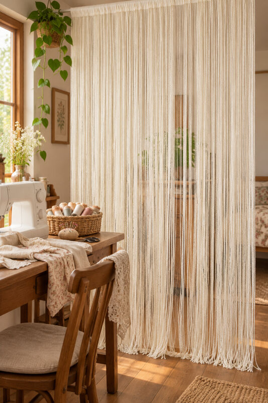 İP PERDE ÖZEL SERİ İNCE ZİNCİR KREM RENK EN 100 CM BOY 300 CM KORNİŞ VE RUSTİK KULLANIM - 4