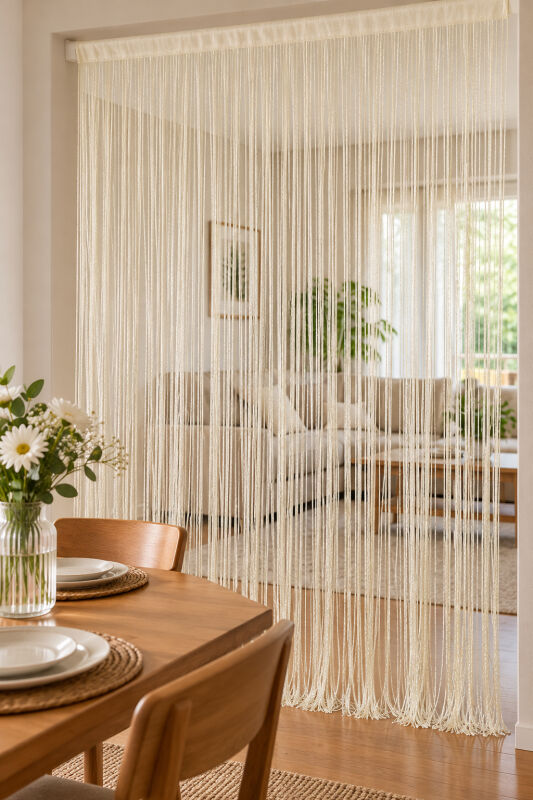İP PERDE ÖZEL SERİ İNCE ZİNCİR KREM RENK EN 100 CM BOY 300 CM KORNİŞ VE RUSTİK KULLANIM - 9