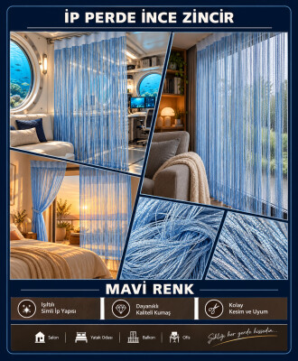 İP PERDE ÖZEL SERİ İNCE ZİNCİR MAVİ EN 100 CM BOY 300 CM KORNİŞ VE RUSTİK KULLANIMA MÜSAİT - 2