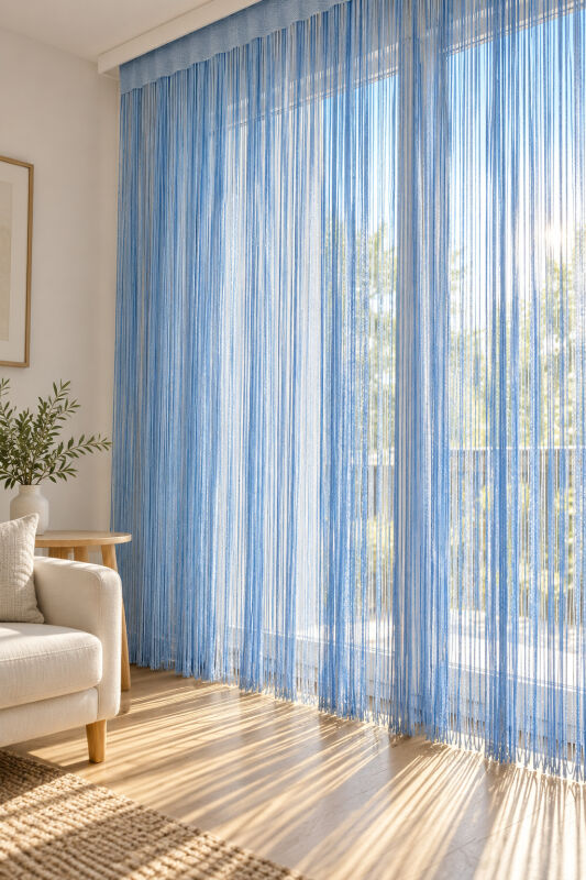 İP PERDE ÖZEL SERİ İNCE ZİNCİR MAVİ EN 100 CM BOY 300 CM KORNİŞ VE RUSTİK KULLANIMA MÜSAİT - 7