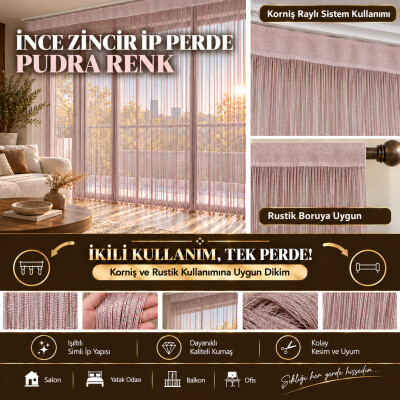 İP PERDE ÖZEL SERİ İNCE ZİNCİR PUDRA RENK 100 CM EN 300 CM BOY KORNİŞ VE RUSTİK KULLANIMLI - AKÇA TEKSTİL