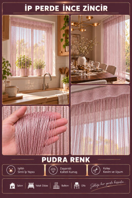 İP PERDE ÖZEL SERİ İNCE ZİNCİR PUDRA RENK 100 CM EN 300 CM BOY KORNİŞ VE RUSTİK KULLANIMLI - 3