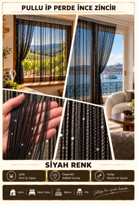 İP PERDE ÖZEL SERİ İNCE ZİNCİR PULLU SİYAH RENK EN 100 CM BOY 300 CM KORNİŞ VEYA RUSTİK KULLANILABİLİR - 2