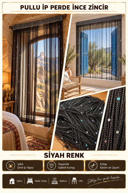 İP PERDE ÖZEL SERİ İNCE ZİNCİR PULLU SİYAH RENK EN 100 CM BOY 300 CM KORNİŞ VEYA RUSTİK KULLANILABİLİR - 3