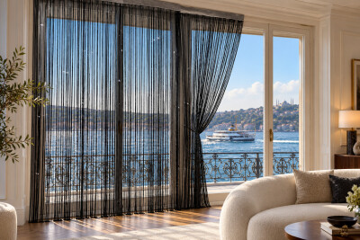 İP PERDE ÖZEL SERİ İNCE ZİNCİR PULLU SİYAH RENK EN 100 CM BOY 300 CM KORNİŞ VEYA RUSTİK KULLANILABİLİR - 9