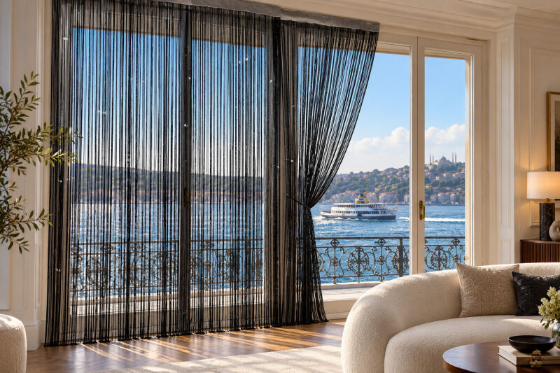 İP PERDE ÖZEL SERİ İNCE ZİNCİR PULLU SİYAH RENK EN 100 CM BOY 300 CM KORNİŞ VEYA RUSTİK KULLANILABİLİR - 9